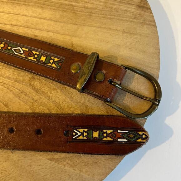 Brown Painted Tooled Southwestern Genuine Leather Brass Buckle Belt Size Large - Picture 4 of 12